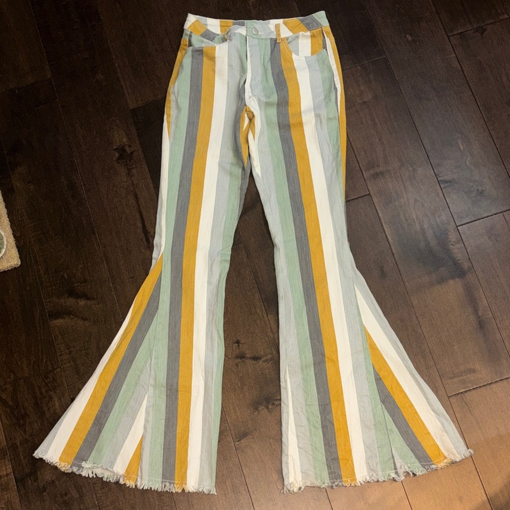 Altar’d State Iceberg Green Striped Raw Hem Flared Bell Bottom Pants